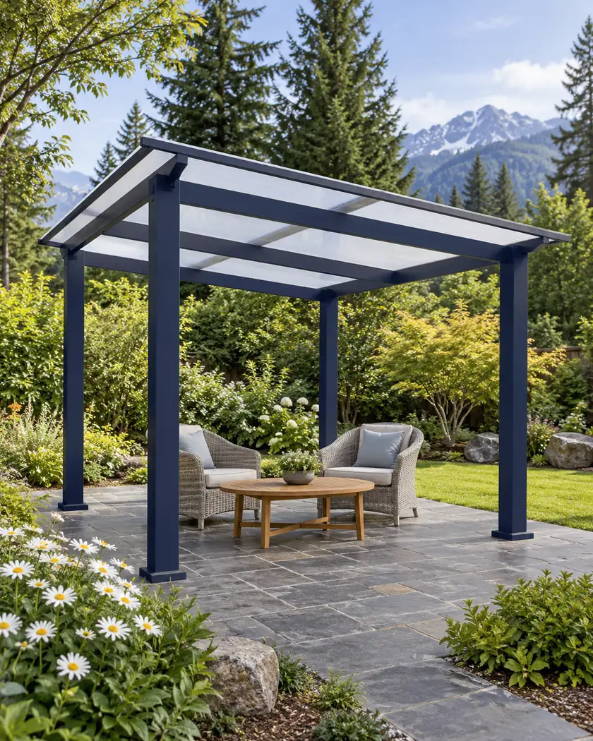 Navy four-post patio cover with an opal shed roof above pale woven chairs and an oval teak table.