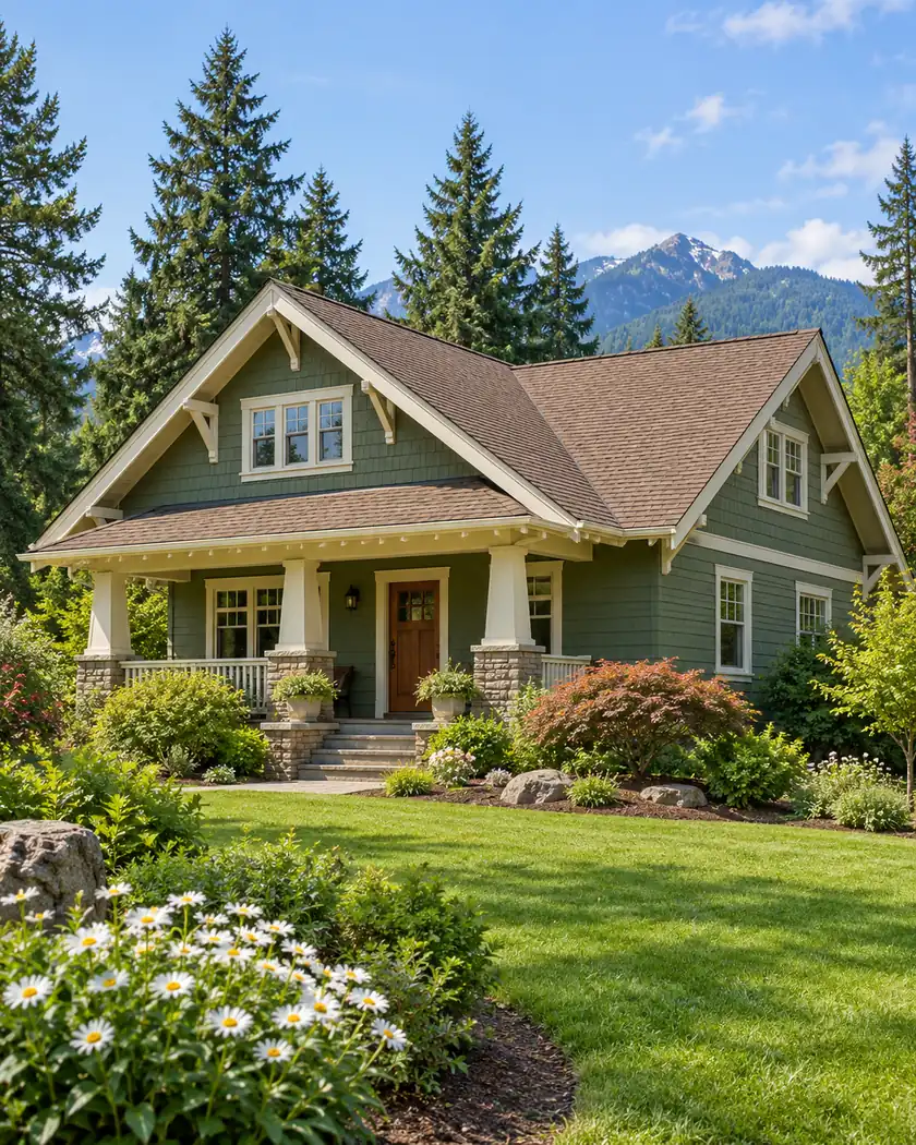 Brown shingle cross-gable roof with cream eaves and triangular brackets above a moss-green house.