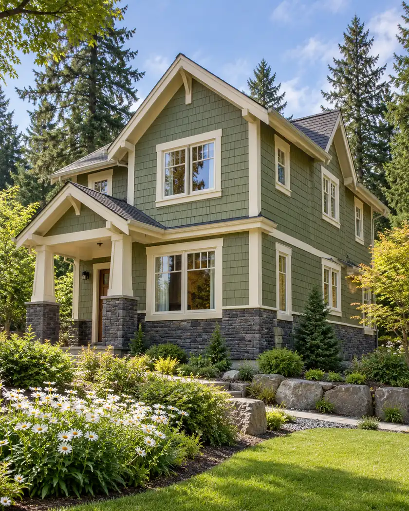Moss-green shingle siding with cream trim above a dark basalt base beside white daisies.