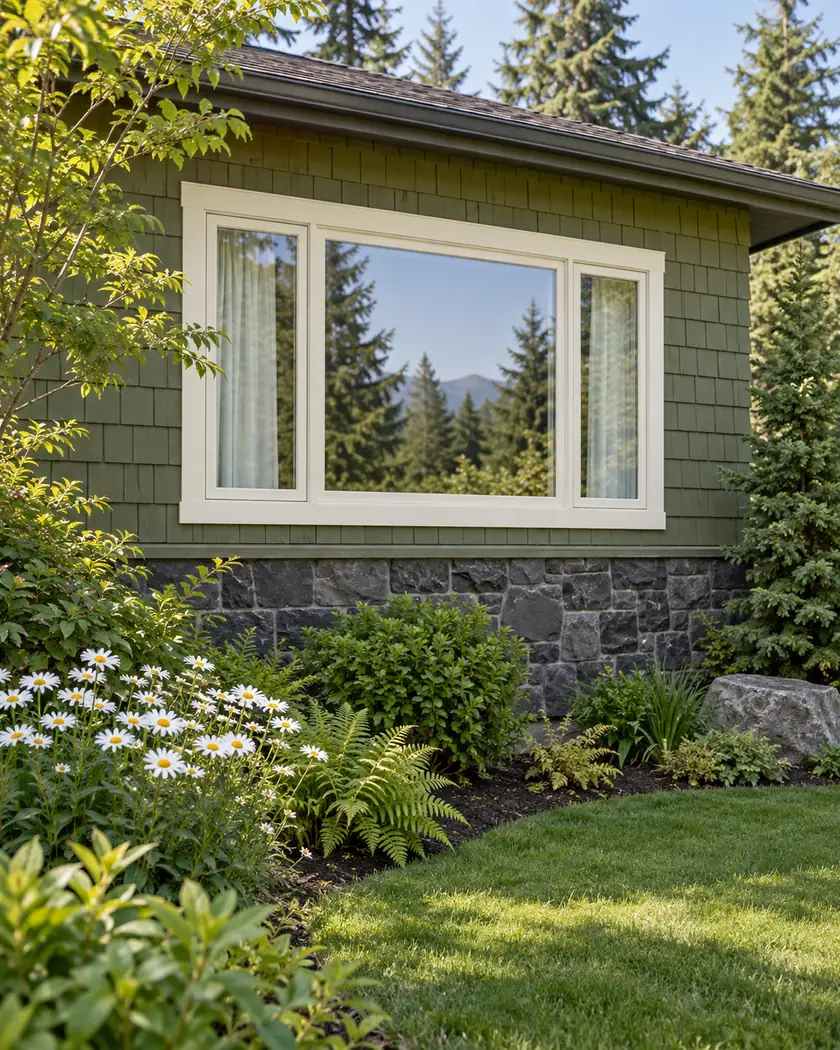 Cream-framed rectangular three-part window with pale curtains in a green shingle wall above dark stone.