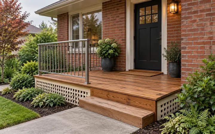 Illustration of a cedar porch with a cream lattice skirt and stainless-steel vertical rail