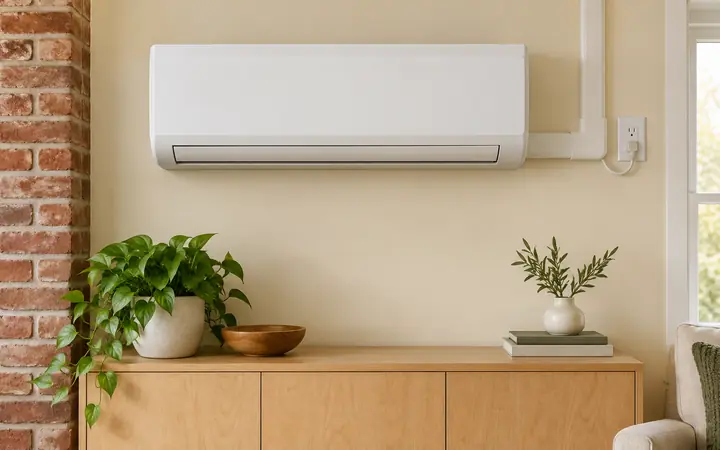 Illustration of a white indoor ductless heat-pump unit above a maple cabinet