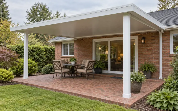 Illustration of a white opaque-panel patio shelter over a red-brick terrace