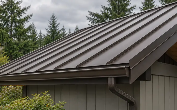 Illustration of dark-bronze standing-seam roofing with a matching eave and gutter