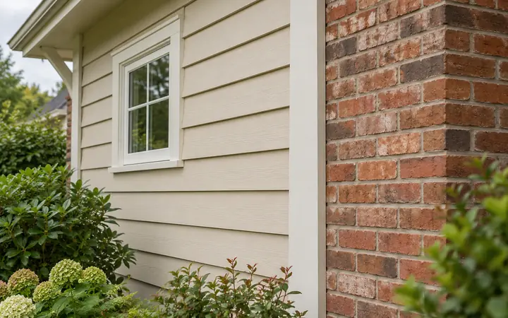 Illustration of cream lap siding meeting red brick with a white-framed window