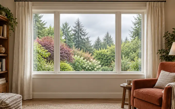 Illustration of a cream-framed picture window with linen curtains and a rust reading chair