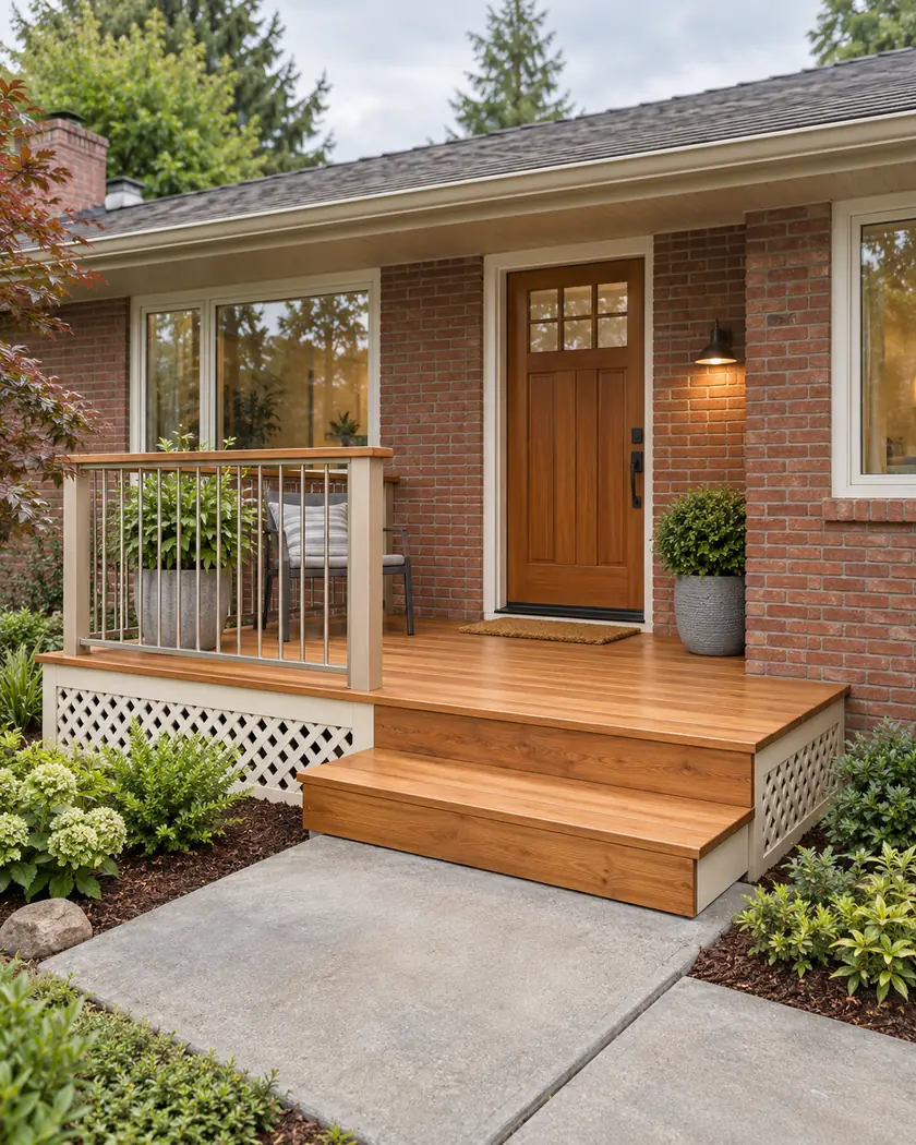 Illustration of a cedar porch beside red brick with a cream lattice skirt and stainless-steel rail