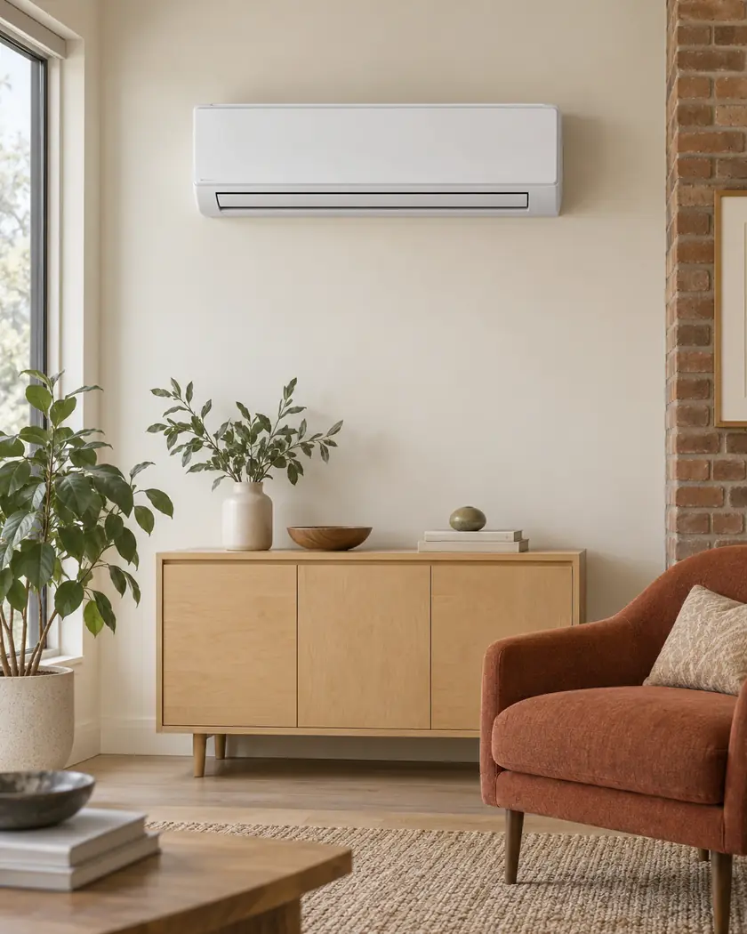Illustration of a white indoor ductless heat-pump unit on a cream wall above a maple cabinet