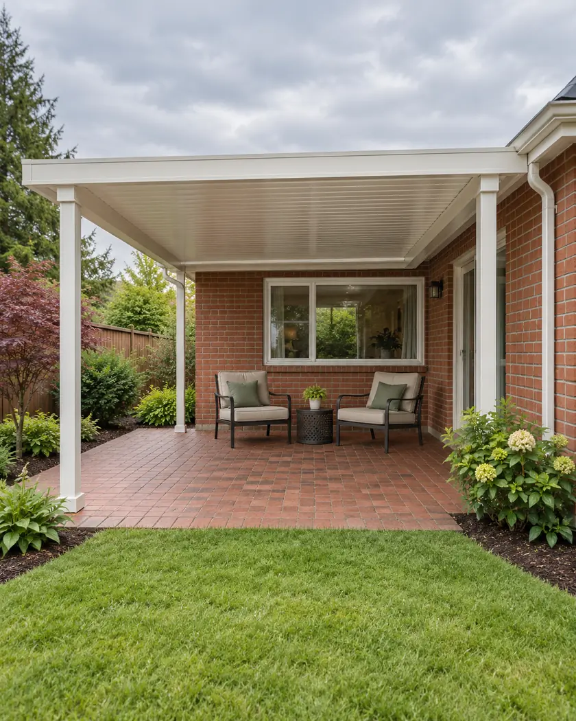 Illustration of a white aluminum patio cover with an opaque gently sloping roof over a red-brick terrace