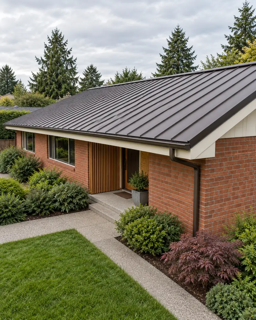 Illustration of a red-brick rambler with a dark-bronze standing-seam gable roof and matching gutter