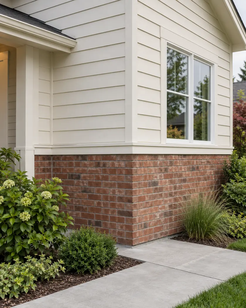 Illustration of cream horizontal lap siding meeting red brick with a white-framed window and trim