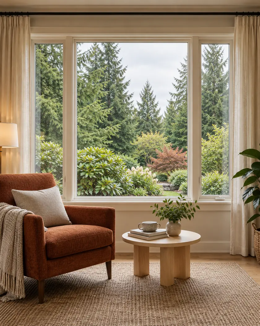 Illustration of a cream-framed three-pane picture window with linen curtains and a rust reading chair
