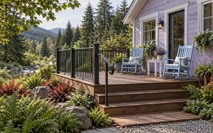 Walnut deck with black picket and stair rails beside pale rocking chairs.