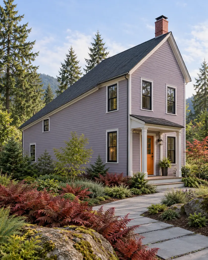 Lavender saltbox cottage with a charcoal gable roof, brick chimney, black windows and an orange front door.