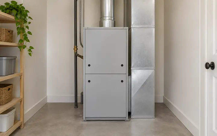 Light-gray upright furnace cabinet with metal ductwork in a plain indoor utility alcove.