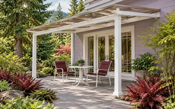 White attached patio cover with a translucent shed roof above burgundy chairs.