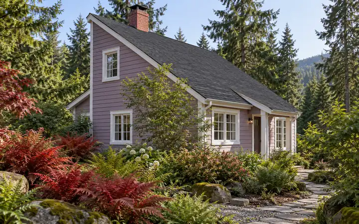 Charcoal asymmetric gable roof with a red brick chimney above lavender cottage walls.
