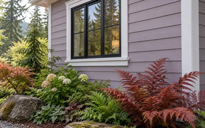 Lavender horizontal lap cladding with white corner trim beside a black window and red ferns.