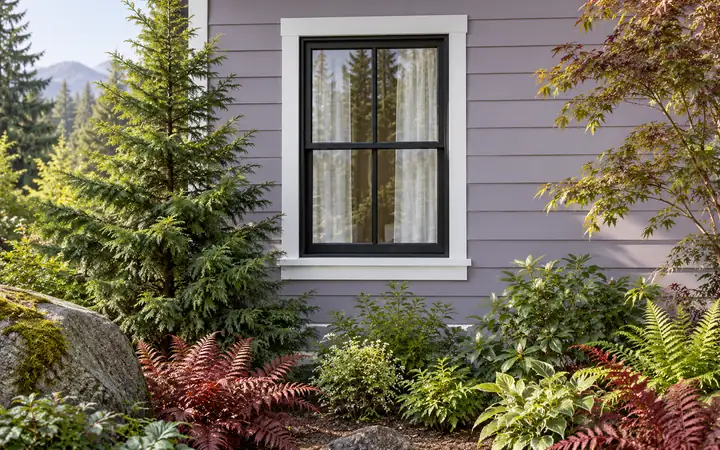 Black-framed double-hung window with pale curtains in lavender lap siding.