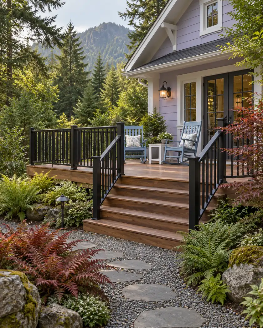Walnut deck with black picket and stair rails beside pale rocking chairs.