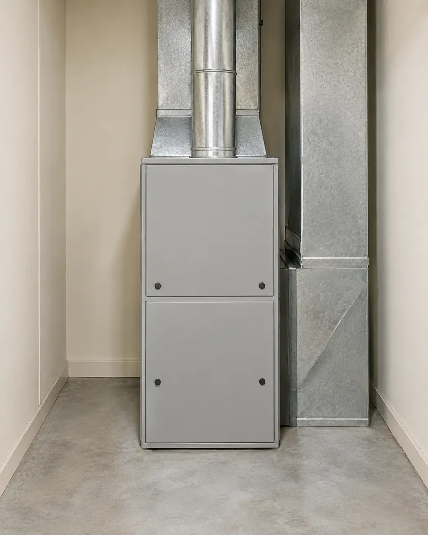 Light-gray upright furnace cabinet with metal ductwork in a plain indoor utility alcove.