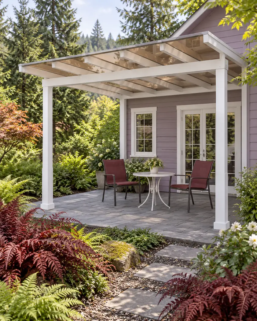 White attached patio cover with a translucent shed roof above burgundy chairs.