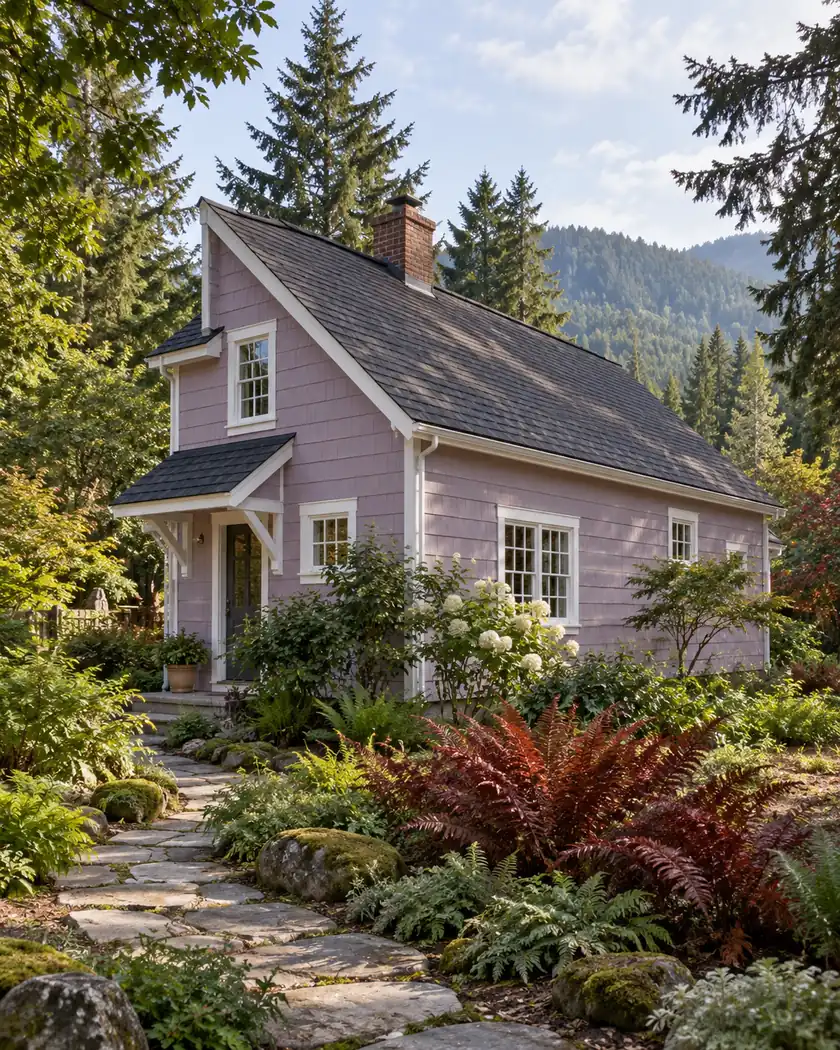 Charcoal asymmetric gable roof with a red brick chimney above lavender cottage walls.