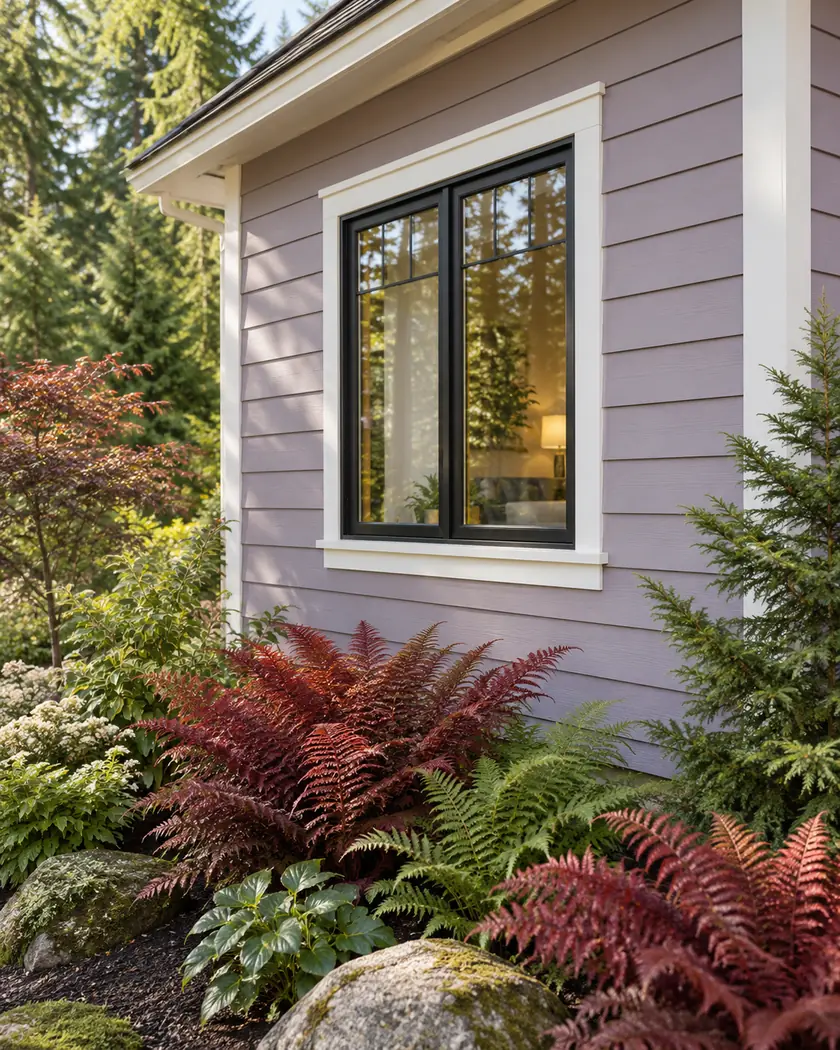 Lavender horizontal lap cladding with white corner trim beside a black window and red ferns.