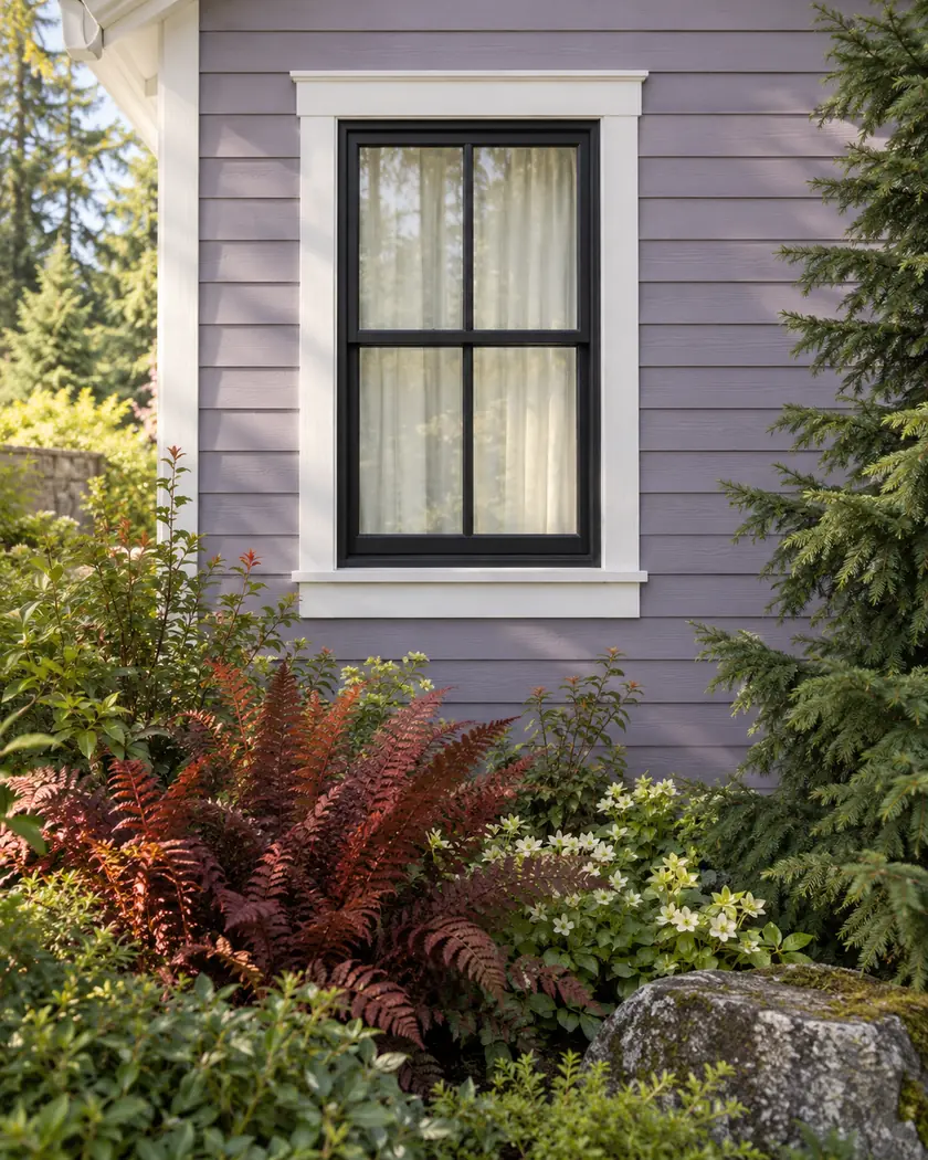 Black-framed double-hung window with pale curtains in lavender lap siding.