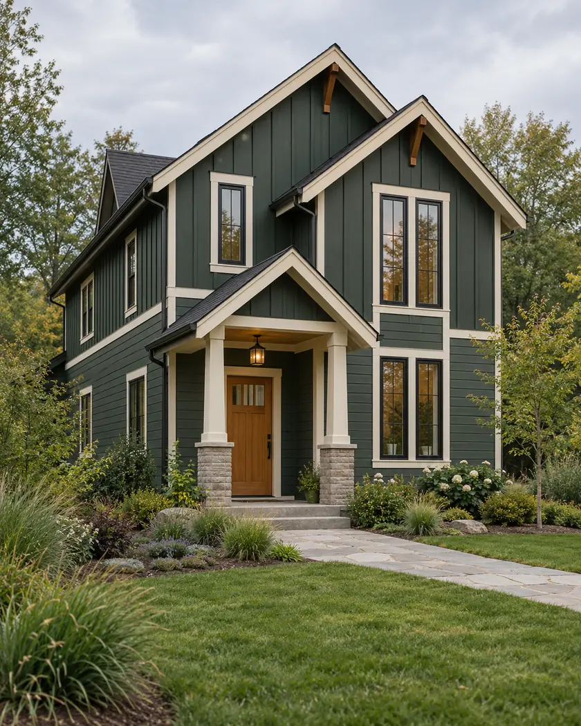 Illustration of a forest-green two-story home with staggered gables, ivory trim and an amber entry door