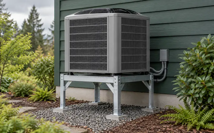 Illustration of a gray top-discharge heat pump on an open galvanized steel rack