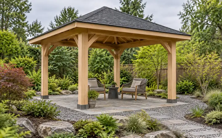 Illustration of a timber pavilion with a charcoal hip roof over a modest stone terrace