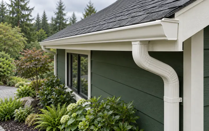Illustration of an ivory gutter and downspout beneath charcoal shingles on a green home