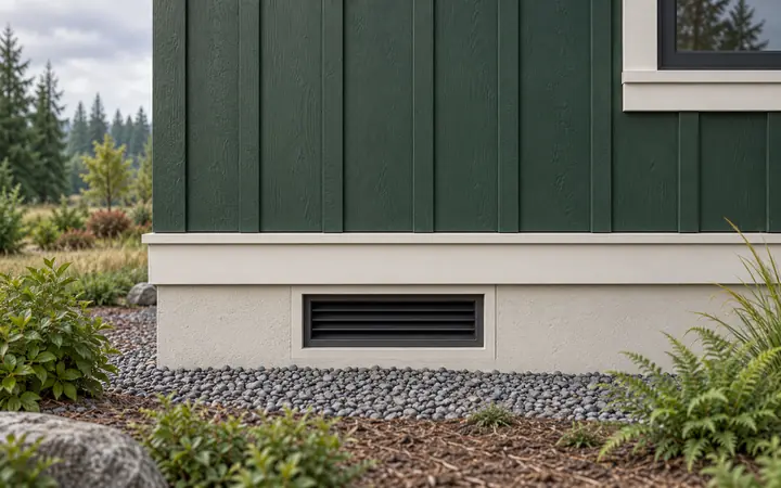 Illustration of forest-green siding above an ivory foundation band and open ventilation grille