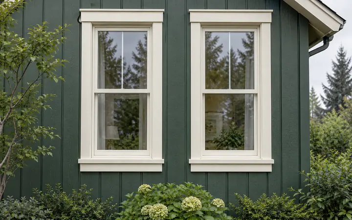 Illustration of tall ivory-framed double-hung windows in forest-green vertical siding