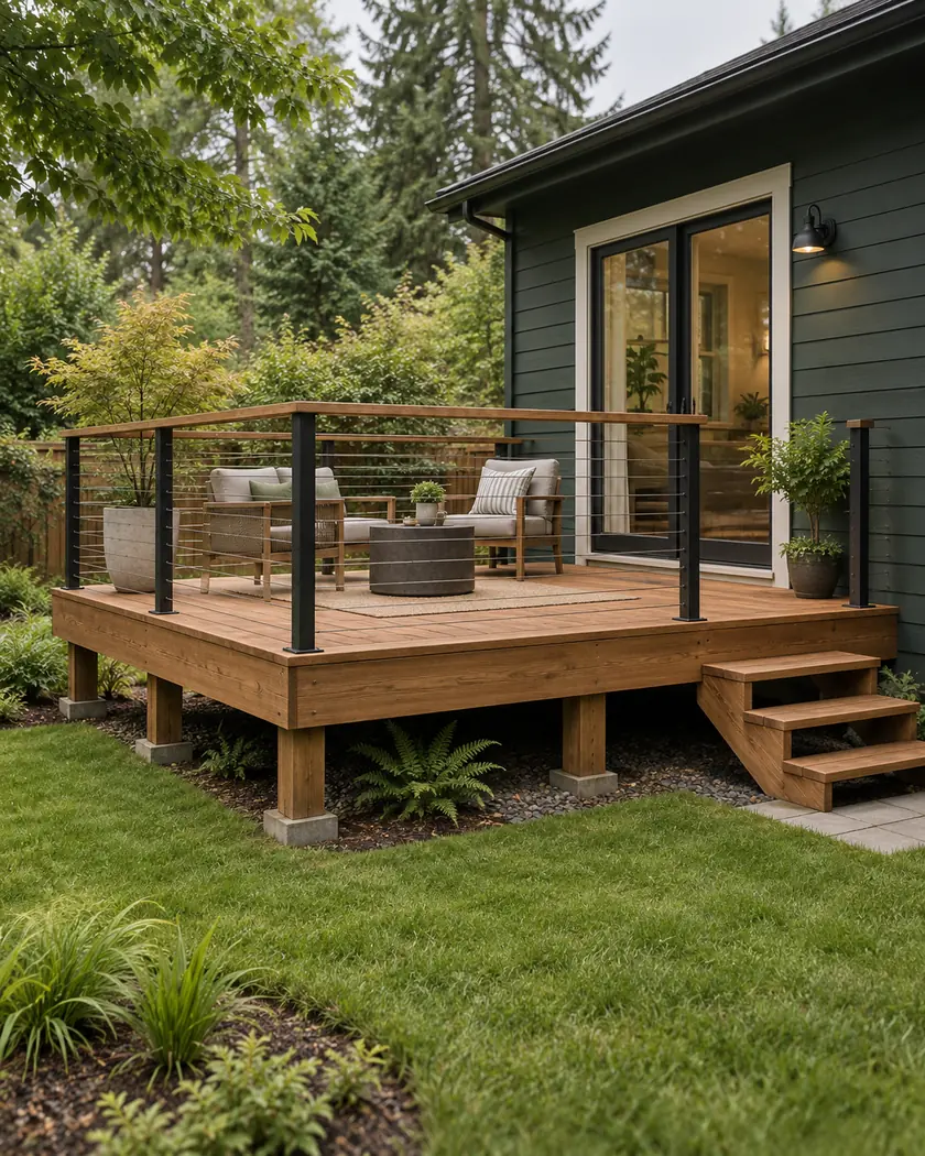 Illustration of a brown timber deck with open supports, slim cable guards and a small stair