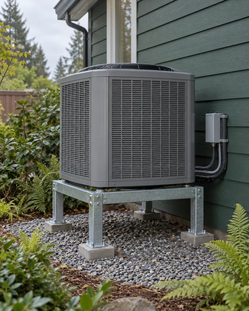 Illustration of a gray top-discharge heat pump on an open steel rack beside forest-green siding