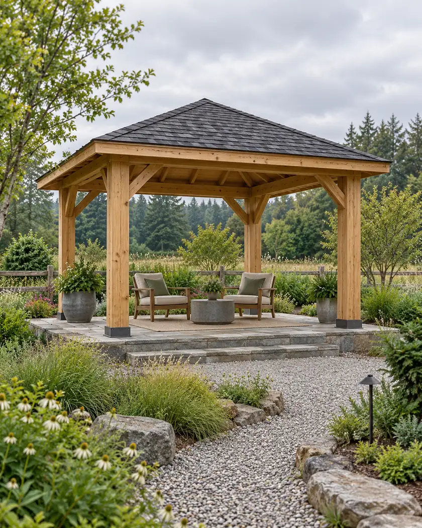 Illustration of an open timber pavilion with a charcoal hip roof and four posts over a stone terrace