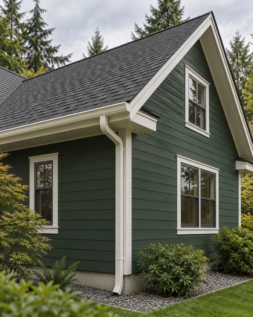 Illustration of a forest-green gabled home with a charcoal roof, ivory gutter and connected downspout