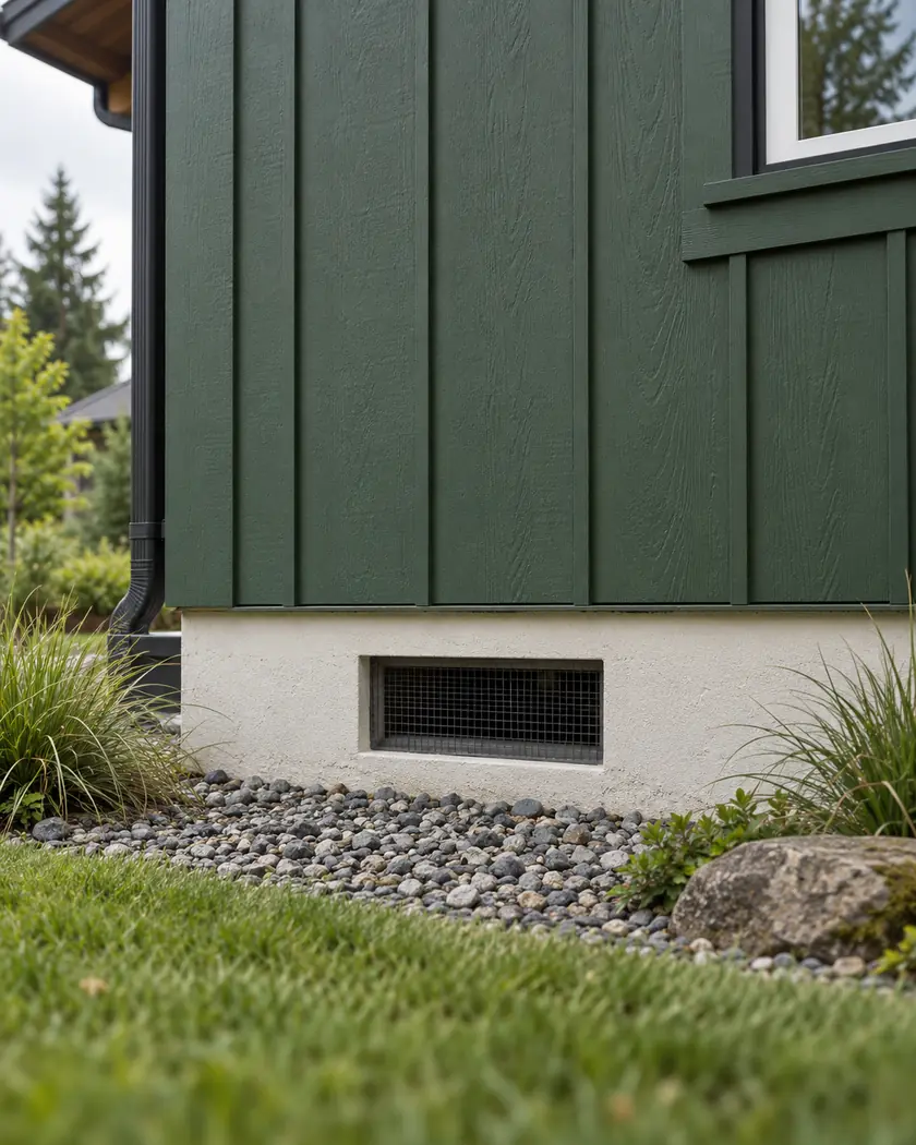Illustration of forest-green vertical siding above an ivory foundation band with an open ventilation grille