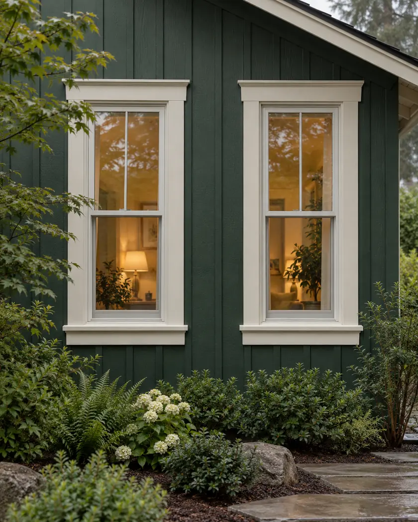 Illustration of two tall ivory-framed double-hung windows in forest-green vertical siding