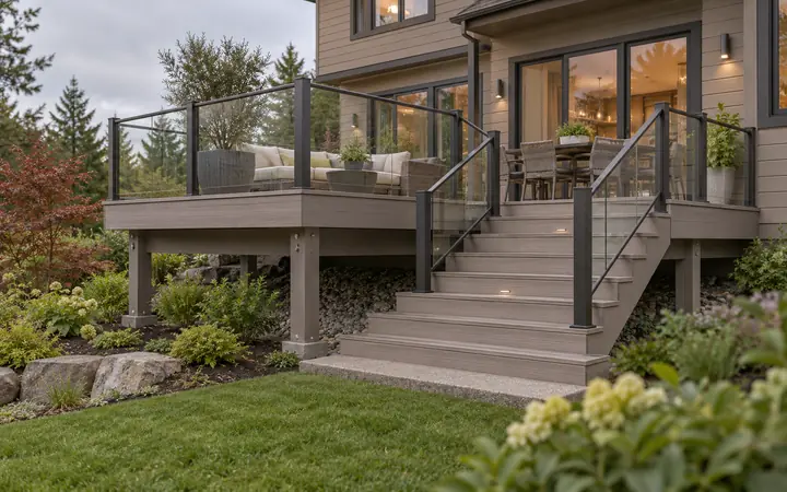 Illustration of an elevated warm-gray deck with glass guards and broad stairs on a gently sloping garden site