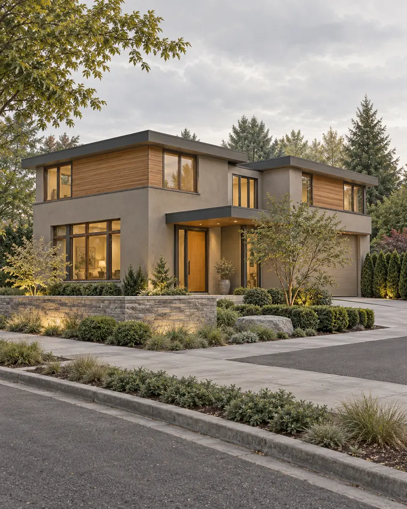 Illustration of a taupe contemporary two-story home with flat charcoal roofs, cedar accents and a low stone garden wall