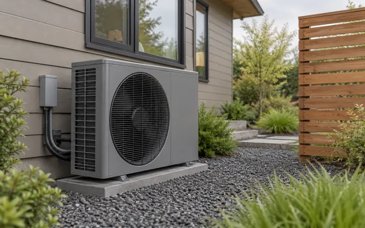 Illustration of a gray side-discharge heat pump with a separate open cedar screen near a taupe home