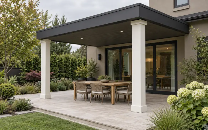 Illustration of a matte charcoal flat patio roof on ivory posts above a stone terrace beside a taupe home