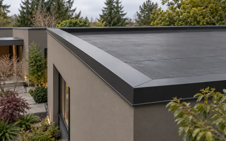 Illustration of a matte charcoal low-slope roof and parapet on a taupe contemporary home