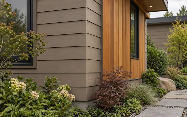 Illustration of taupe lap siding and natural cedar panels beside a planted border and stone path