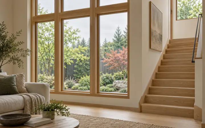 Illustration of wood-framed rectangular windows beside a light oak stair in a contemporary living room