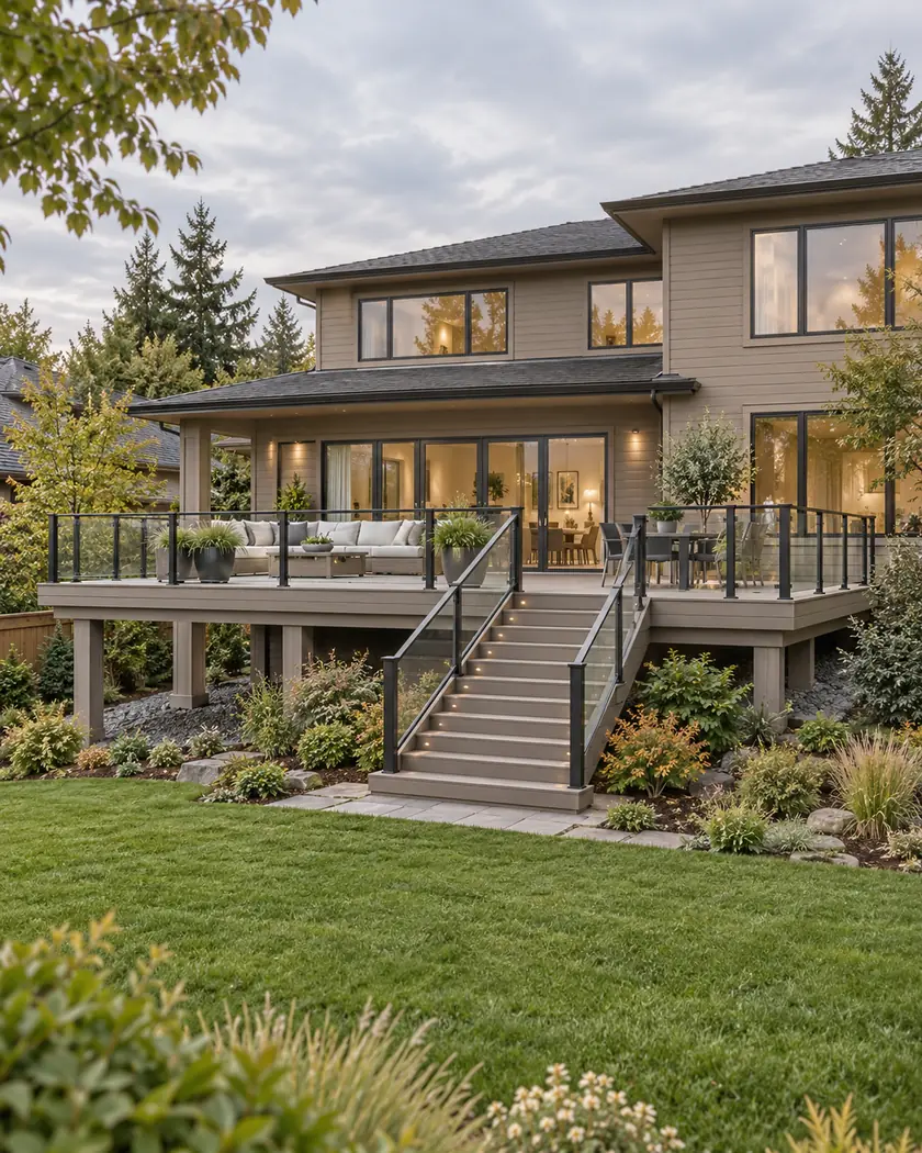 Illustration of an elevated warm-gray deck with glass guards and broad stairs on a gently sloping garden site