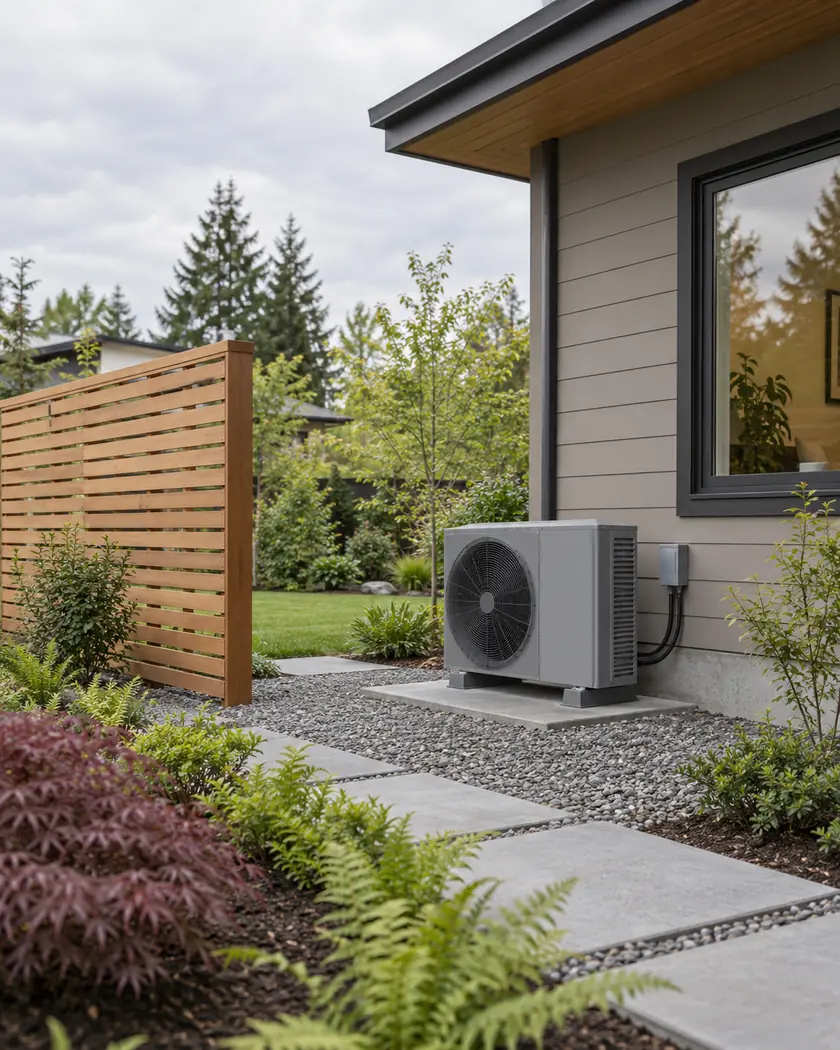 Illustration of a gray side-discharge heat pump with a separate open cedar screen near a taupe home